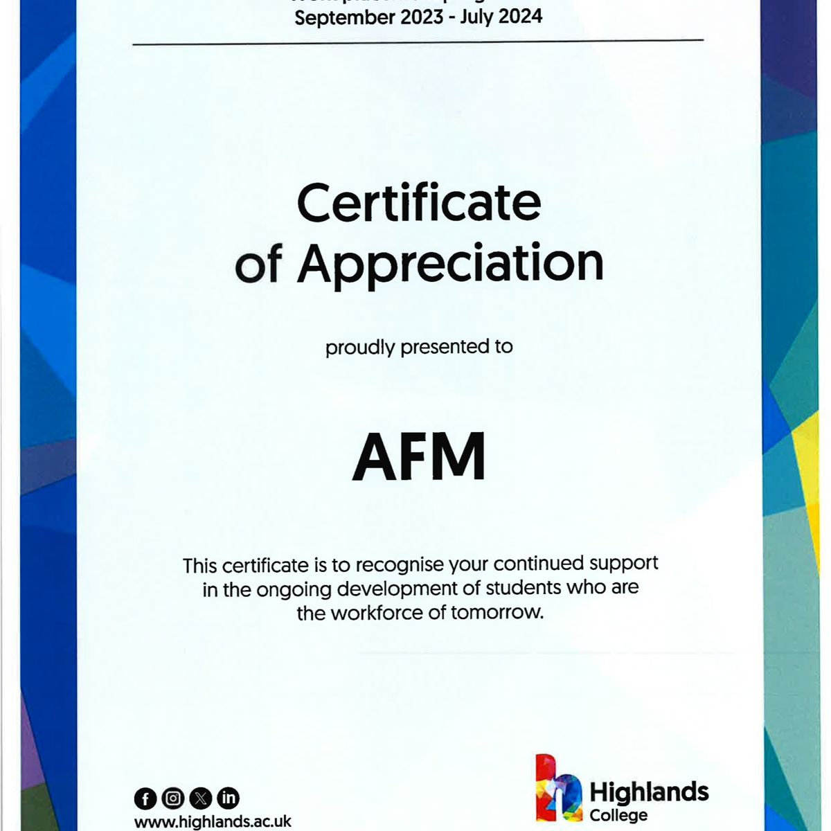 highlands appreciation certificate